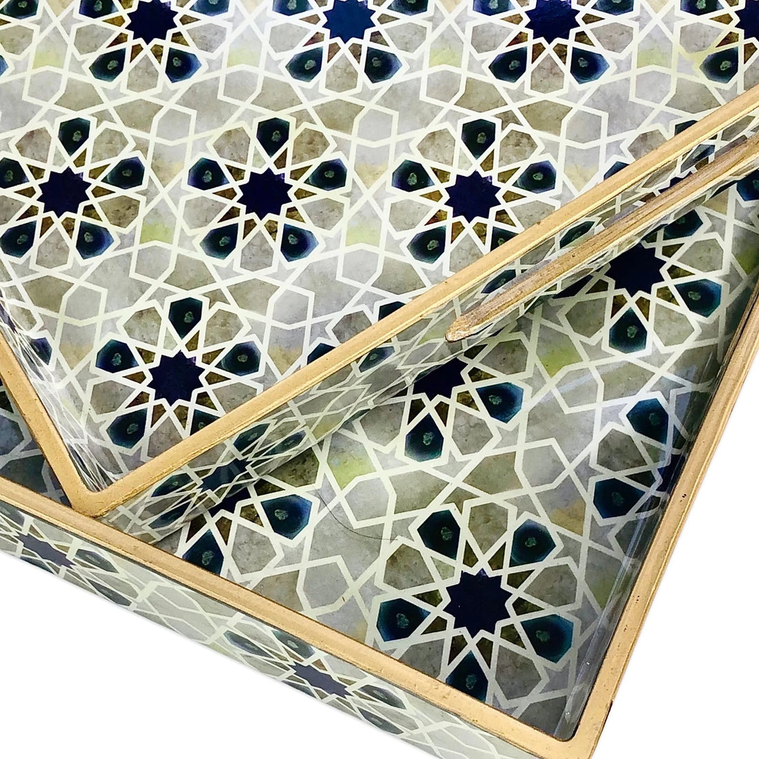 Arabesque Decorative Rectangular Serving Tray Set 2 Pieces Teal Gold Coffee Dessert Hosting