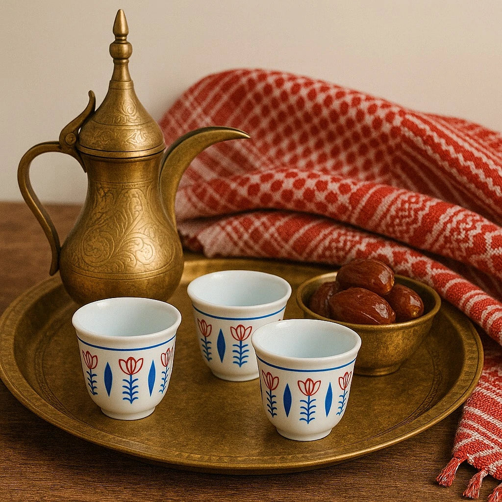 Set of 12 Arabic Coffee Espresso Cups, Blue Tulip Design