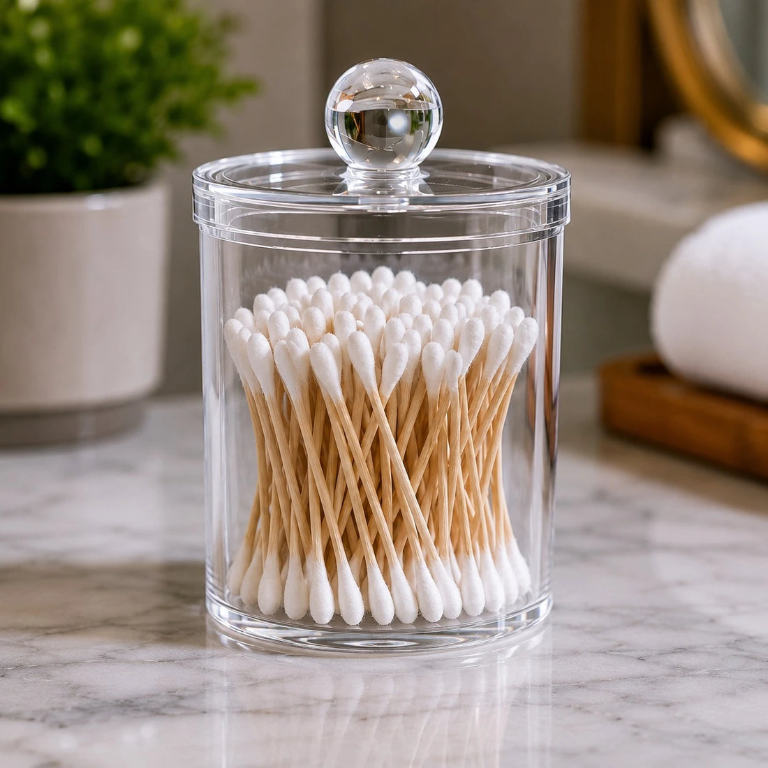 Clear Acrylic Cotton Swab Holder Organizer Jar Bathroom Vanity Storage Makeup Container