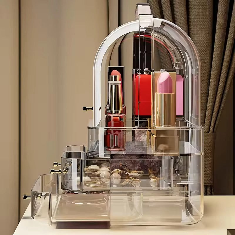 Transparent Makeup Cosmetic Organizer with Dustproof Cover Drawers Carry Handle Vanity Storage Box