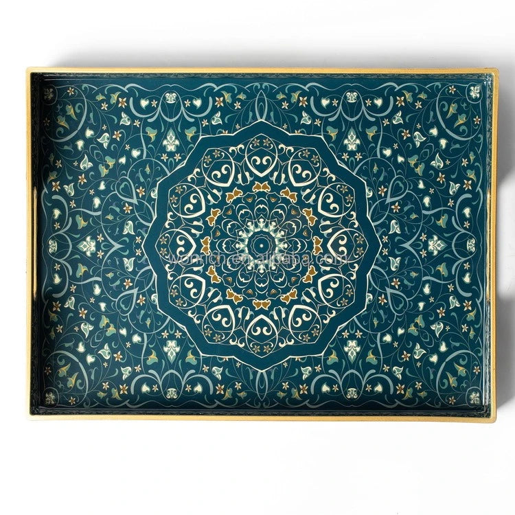 Arabesque Serving Tray Set 2 Pieces Teal Gold Decorative Coffee Dates Dessert Tray Ramadan