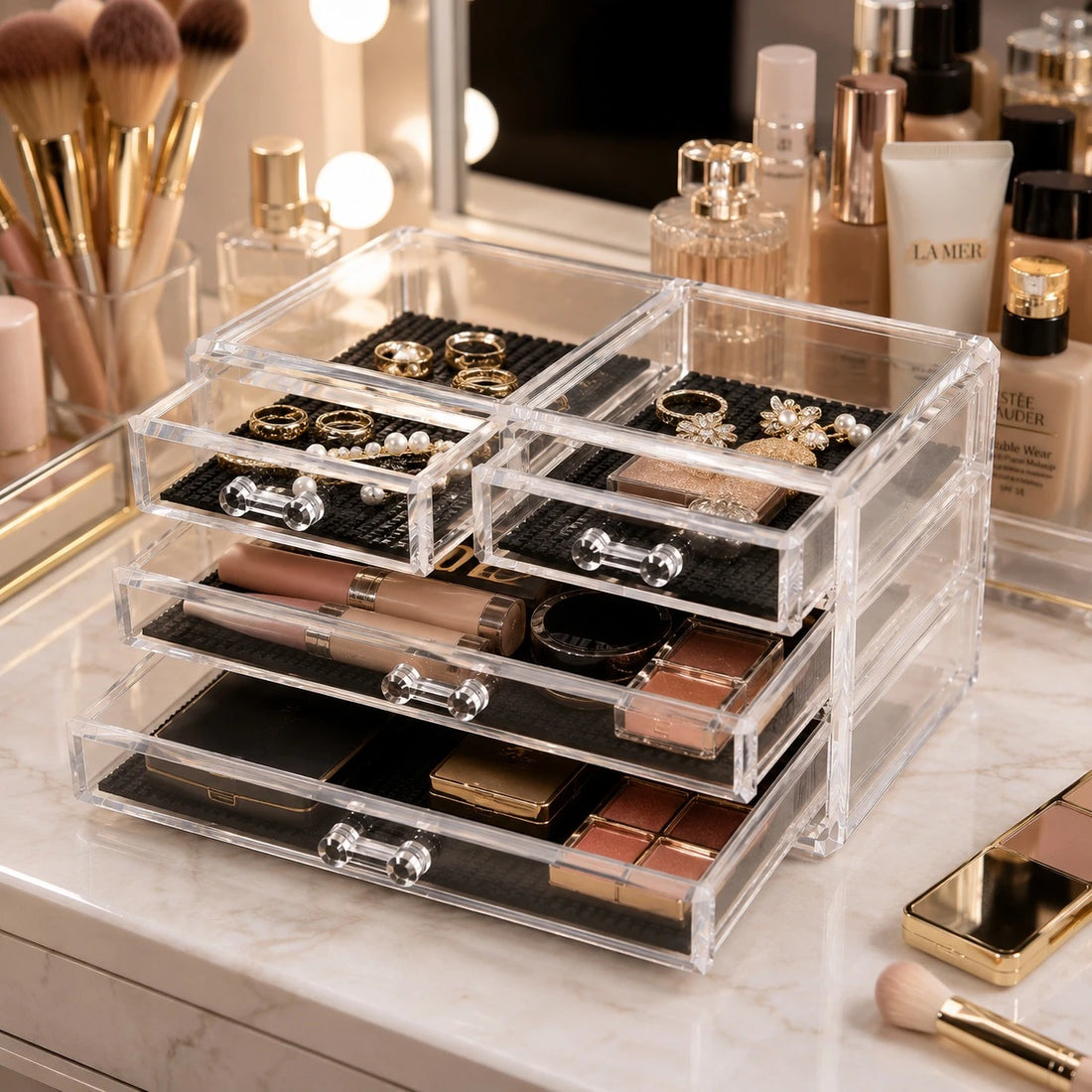 Acrylic Storage Organizer Clear 4 Drawer Jewelry Makeup Cosmetic Skincare Vanity Desktop Accessories Organizer Box With Non Slip Mats