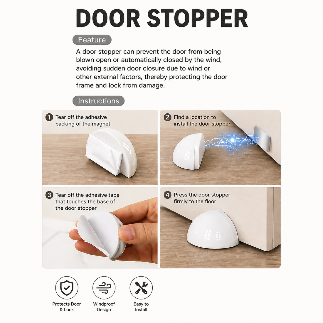 2 Piece Magnetic Self Adhesive Door Stopper Set Strong Hold No Drilling Floor Mount White & Gray