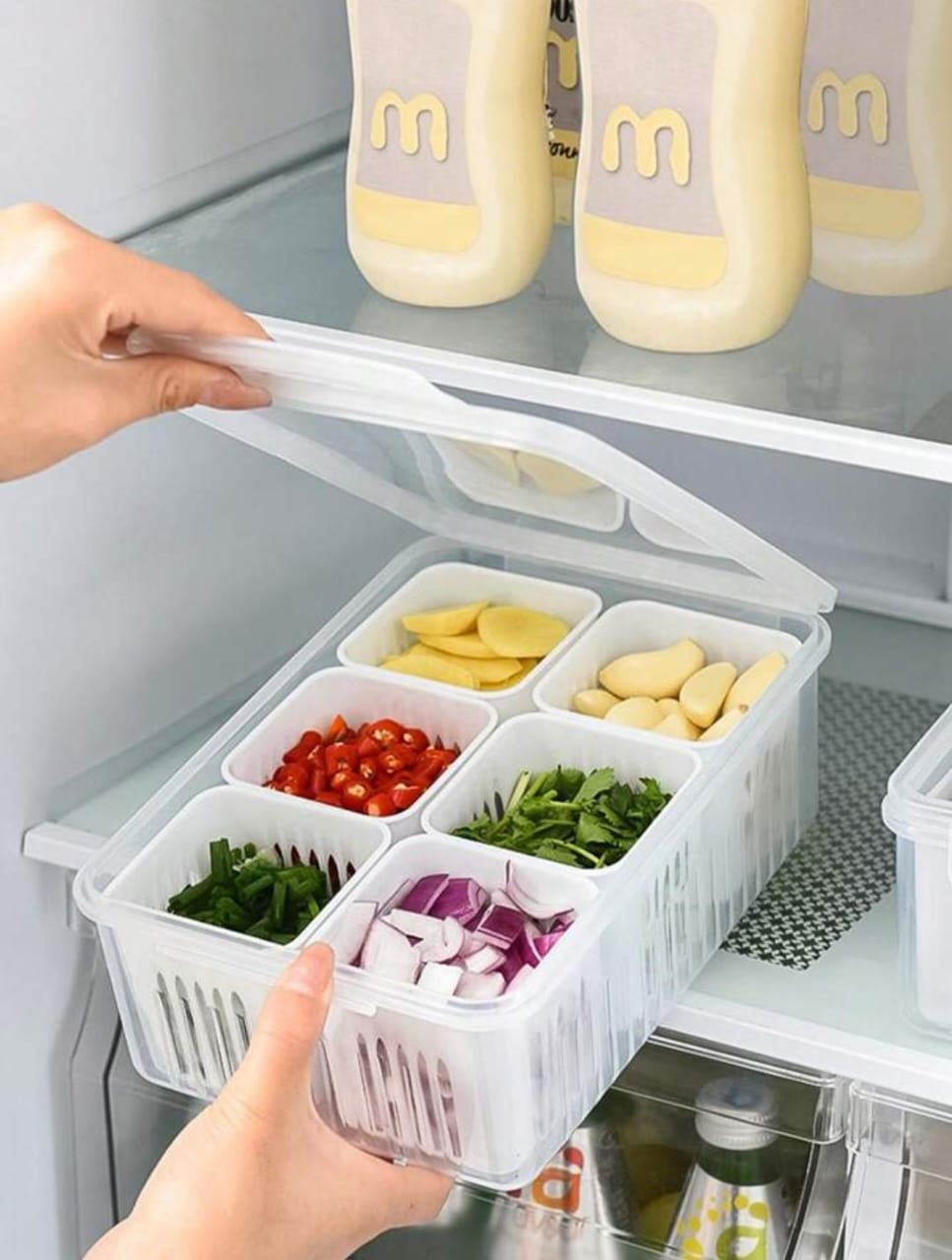 6 Compartment Refrigerator Food Storage Container with Removable Bins Vent Drain Design and Clip On Lid