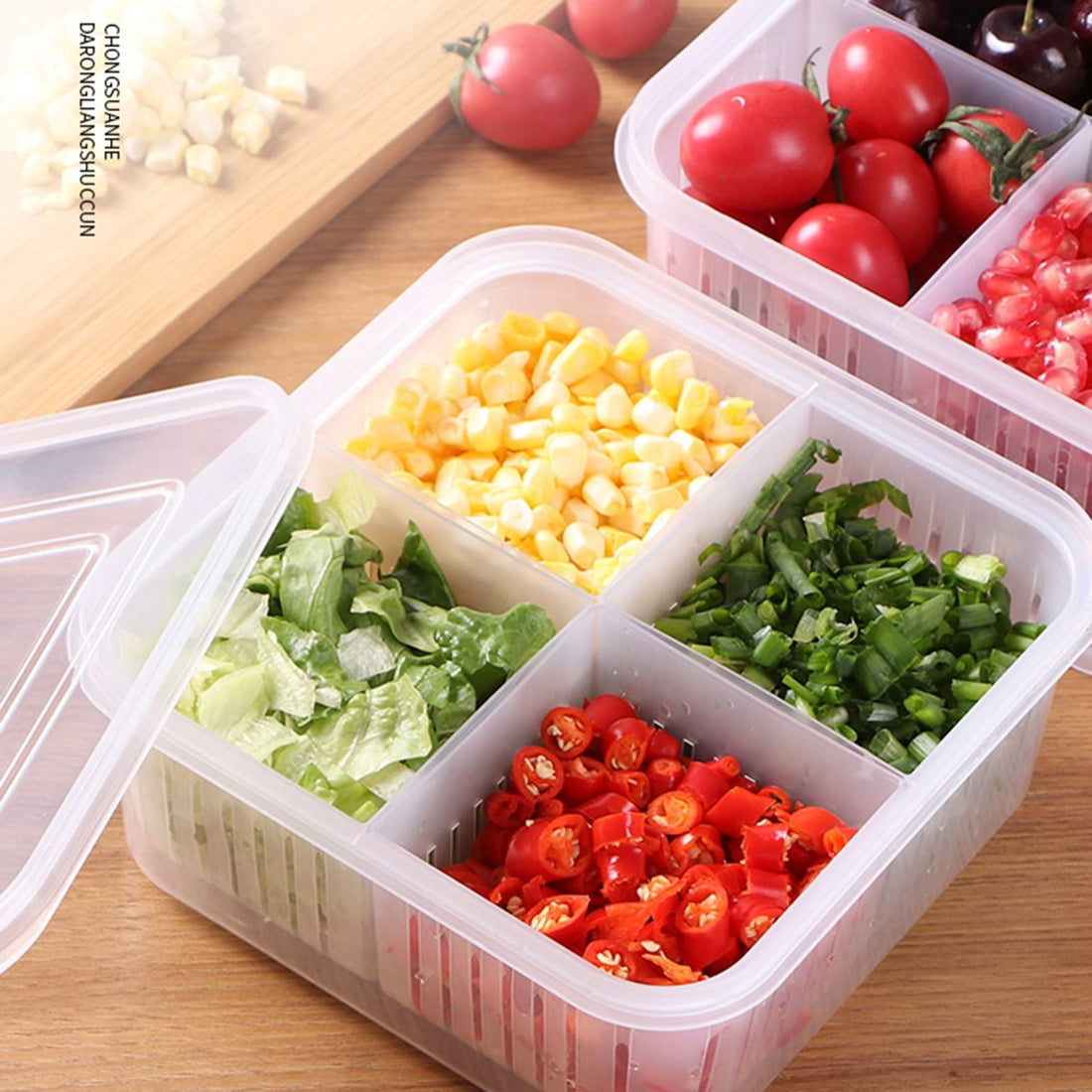 4 Compartment Refrigerator Food Storage Container with Removable Bins Vent Drain Design and Clip On Lid