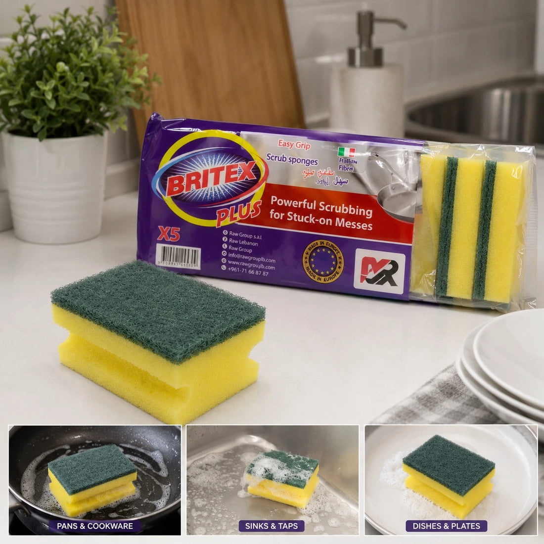 Britex Kitchen Scrub Sponge Easy Grip Cleaning Sponge Pack of 5 Heavy Duty Scouring Pads