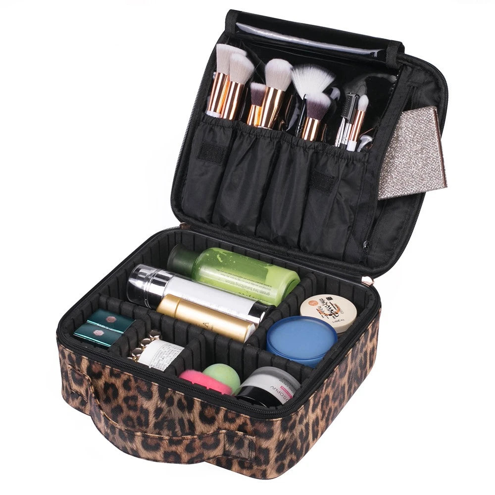 Leopard Print PU Leather Makeup Organizer Travel Cosmetic Bag Waterproof Zipper Beauty Storage Case Portable Makeup Box 25x23x9 cm