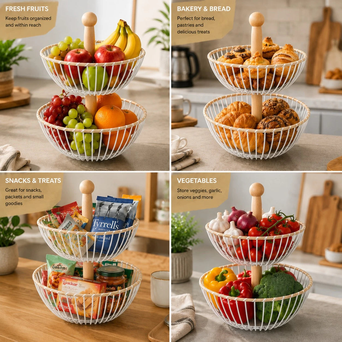2 Tier White Metal Wire Fruit Basket with Wooden Handle Kitchen Countertop Storage Organizer