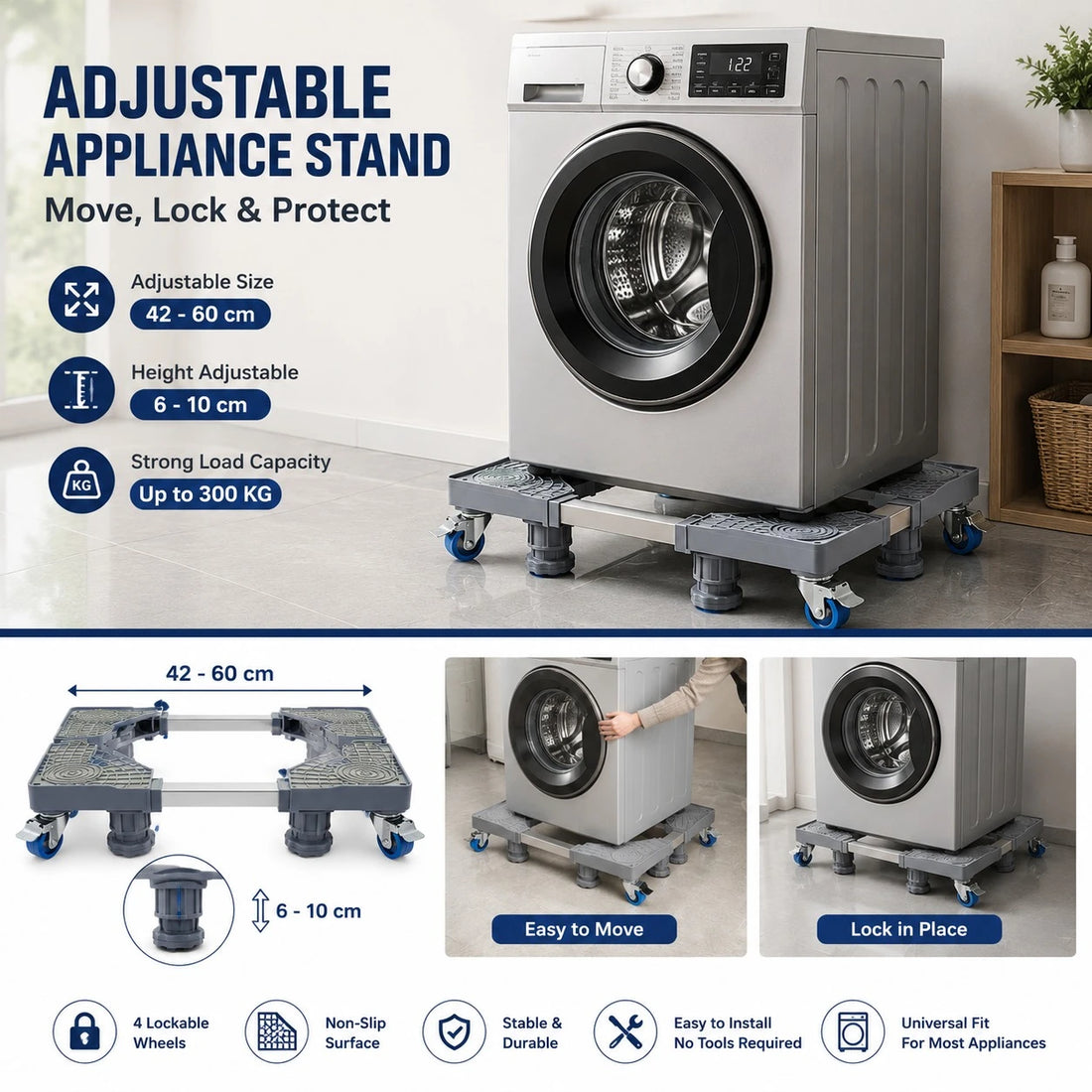 Adjustable Washing Machine Stand Refrigerator Base Movable Appliance Dolly Heavy Duty Washer Stand with Lockable Wheels Height Adjustable