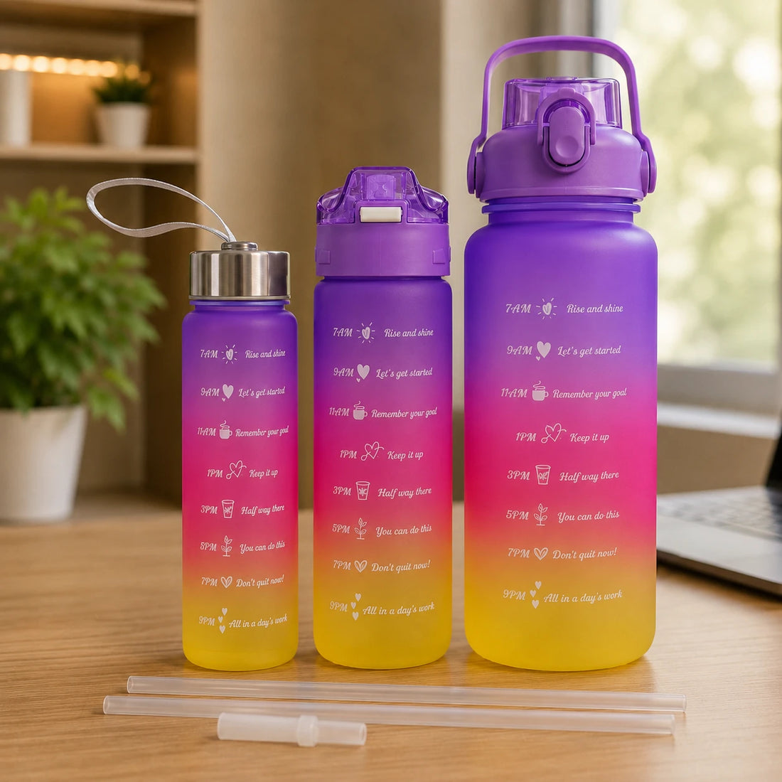 Gradient Motivational Water Bottle Set with Time Marker (300ml, 900ml & 2000ml)