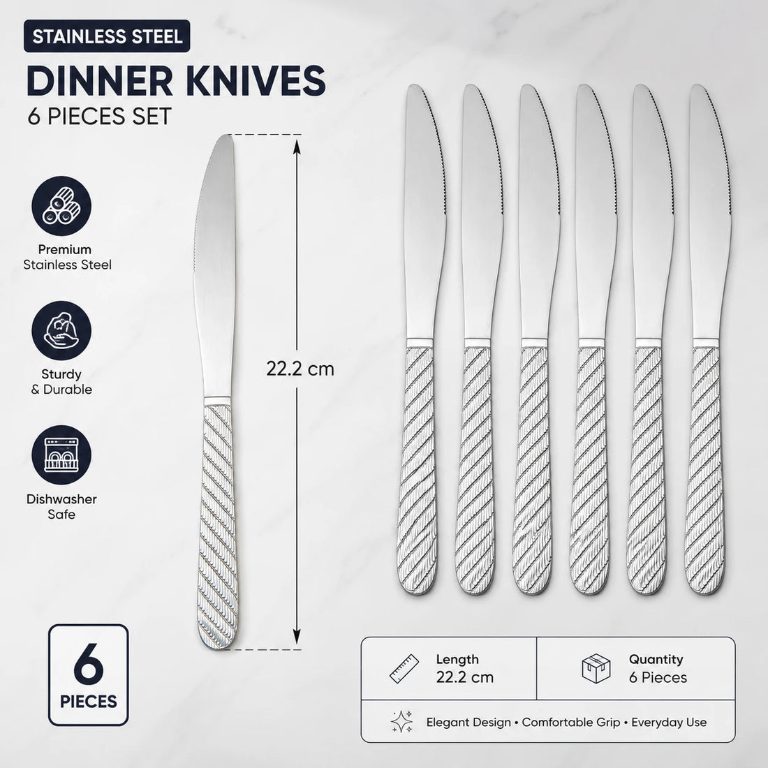Stainless Steel Dinner Knife Set of 6 Serrated Table Knives