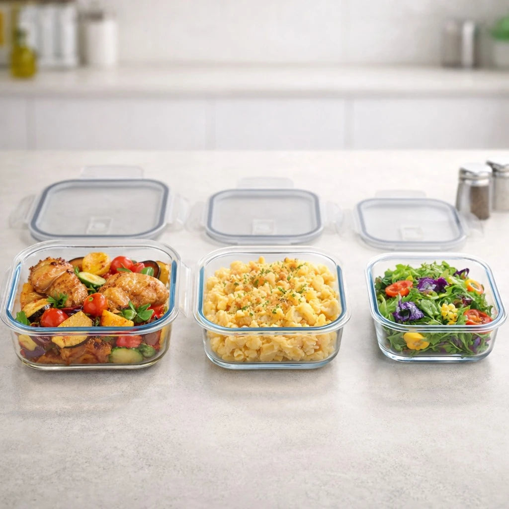 Borart 3 PCS Square Glass Storage Dish Set Borosilicate Turkish Made Plastic Lid Food Container Set