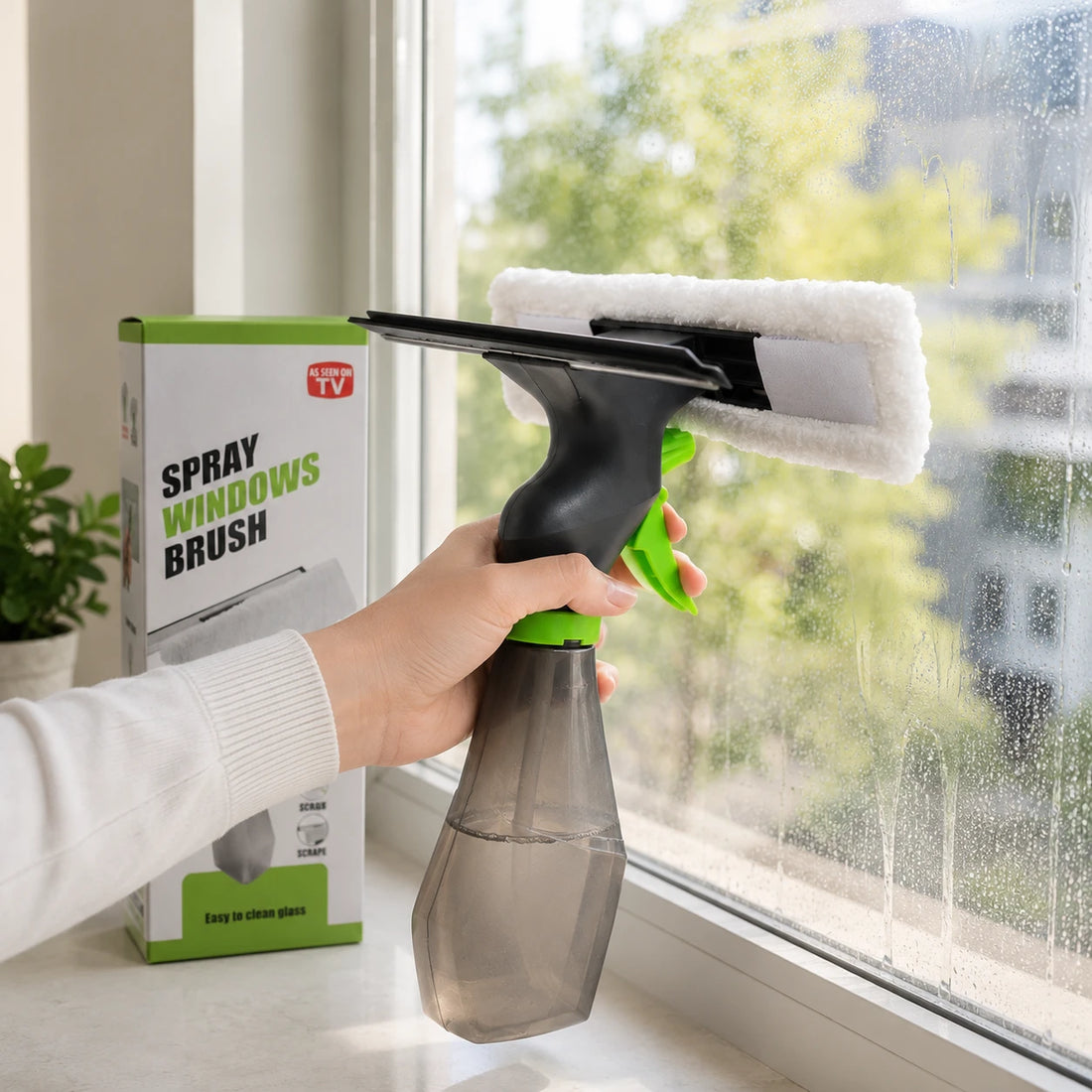 Spray Window Cleaner with Built In Water Tank Microfiber Pad and Squeegee