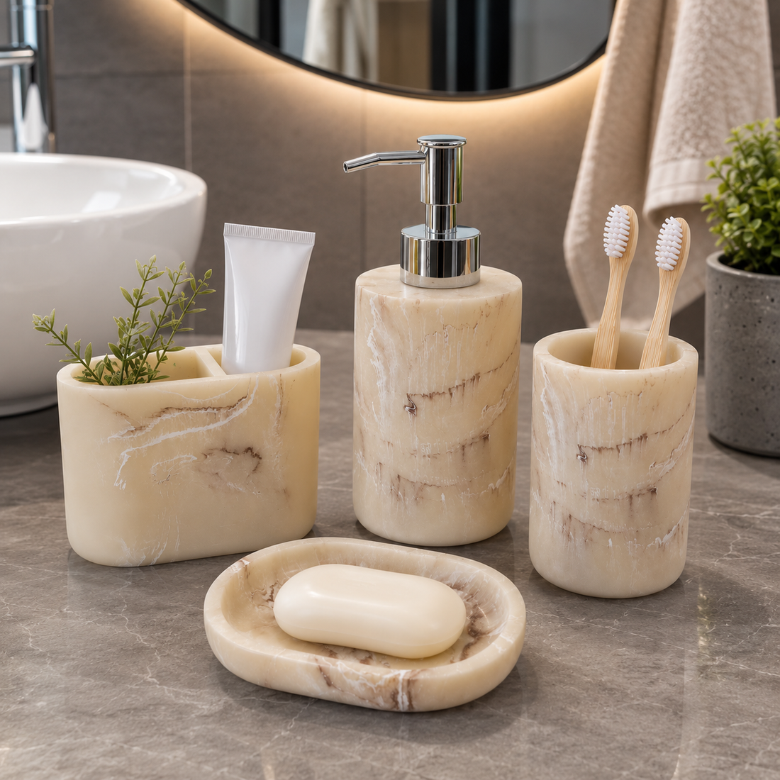 4 Piece Marble Effect Bathroom Accessories Set with Soap Dispenser, Toothbrush Holder, Tumbler & Soap Dish
