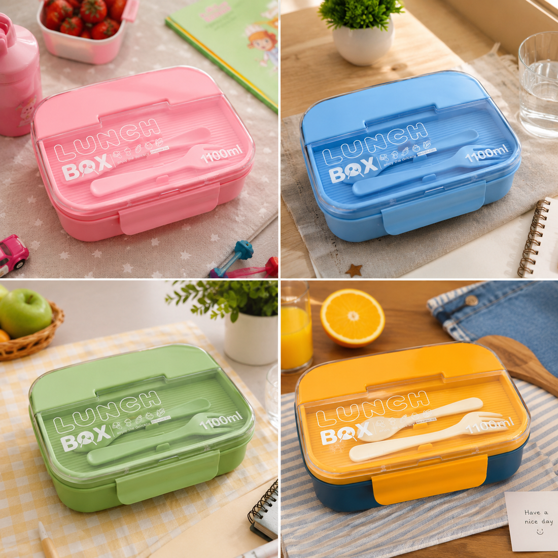Kids Lunch Box with Spoon Fork Set 1100ml Leakproof Food Storage Container BPA Free