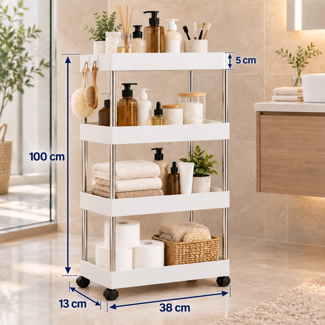 4 Tier Slim Rolling Bathroom Storage Rack
