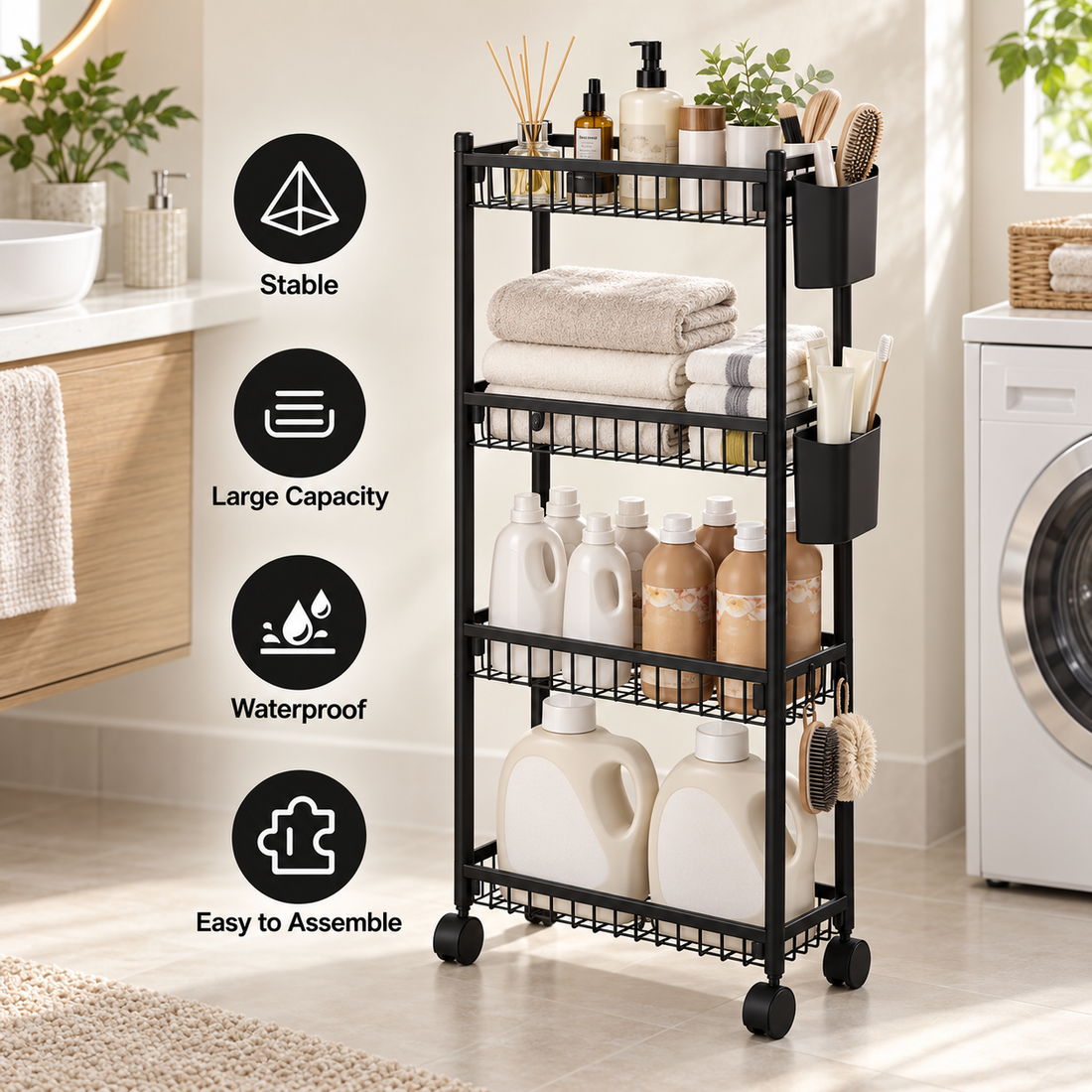 4 Tier Metal Rolling Storage Rack 92.5 x 40 x 17.3 cm