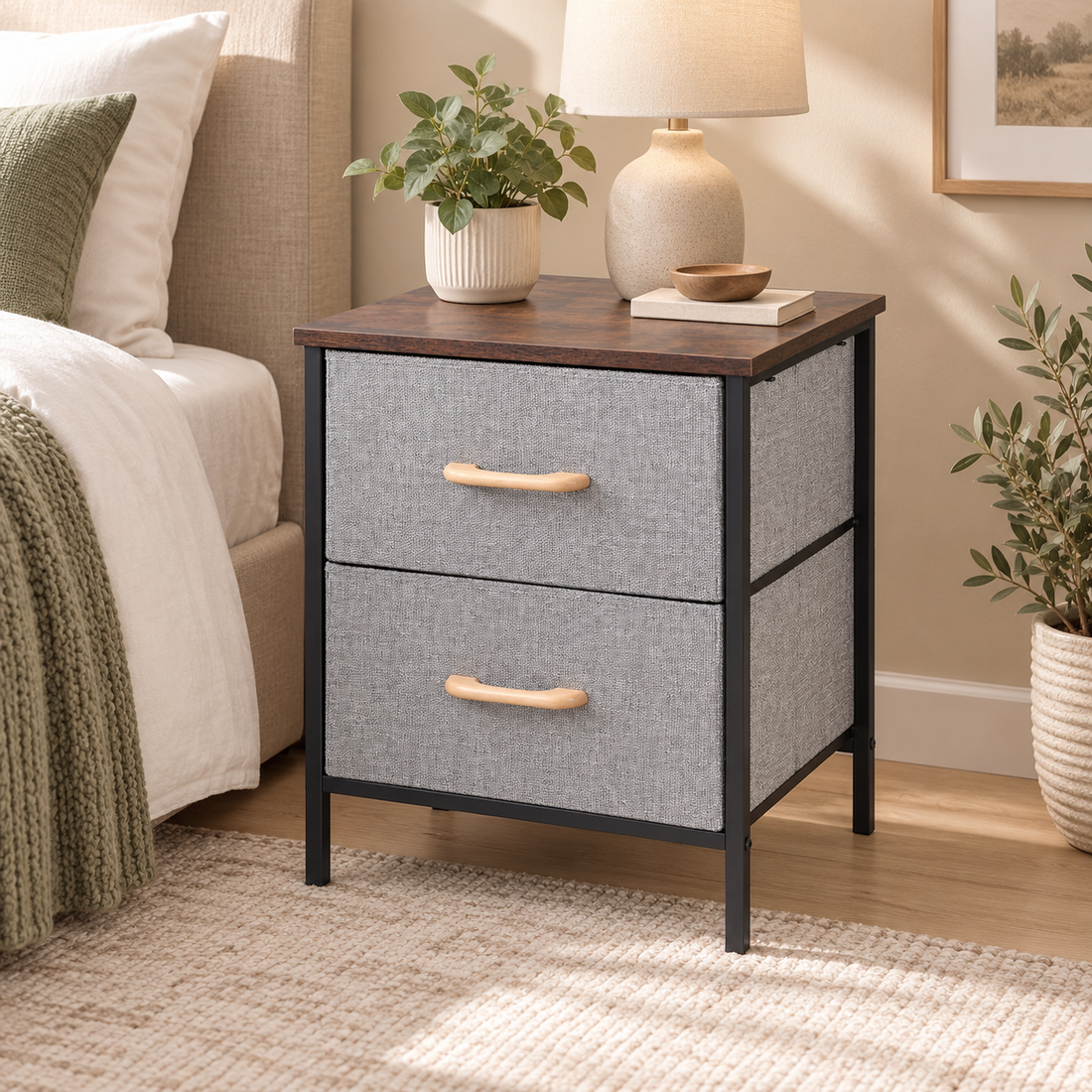 2 Drawer Fabric Storage Nightstand