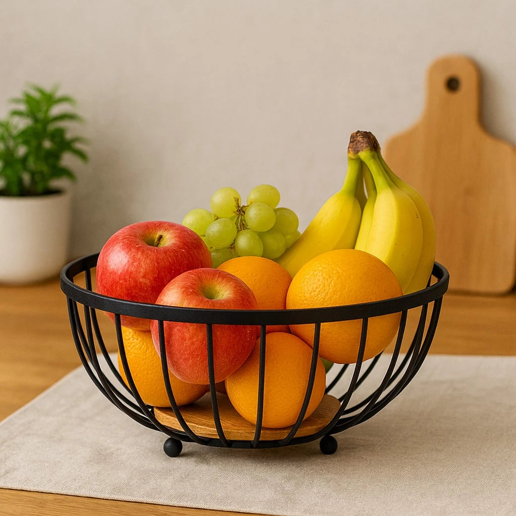 Multi Purpose Modern Wire Basket, Wooden Base