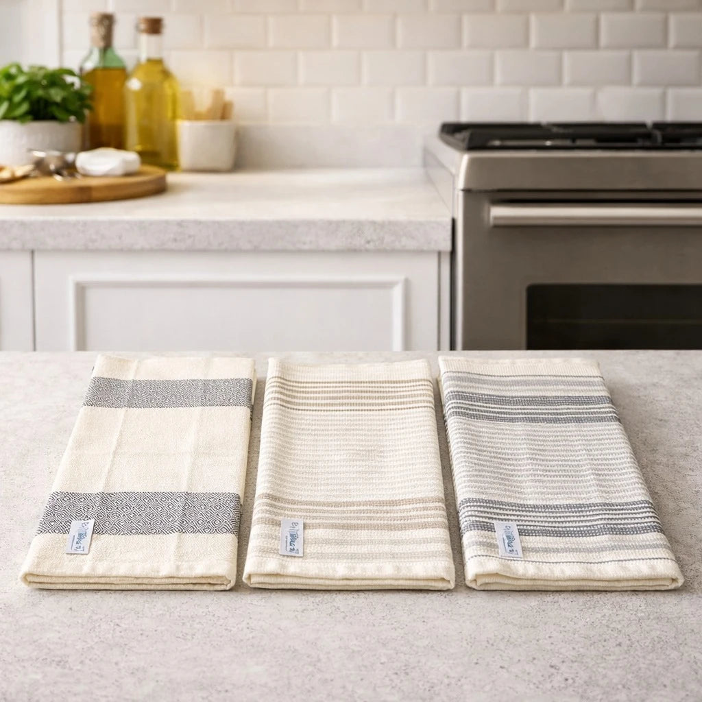 Kitchen Towel Almaamoun Egyptian Cotton Off White Absorbent Dish Drying Cloth Different Designs Patterns Single Piece 80 x 45 cm