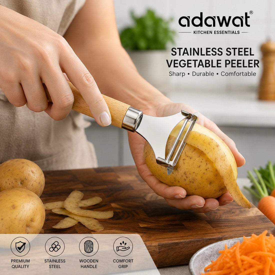 Adawat Vegetable Peeler Stainless Steel Wooden Handle Kitchen Peeler Potato Carrot Fruit Peeler