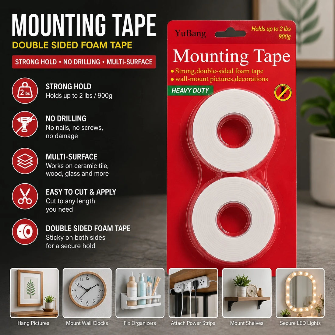 Heavy Duty Double Roll Mounting Tape Double Sided Foam Tape Wall Adhesive Tape Picture Hanging Tape 2 Rolls 3m