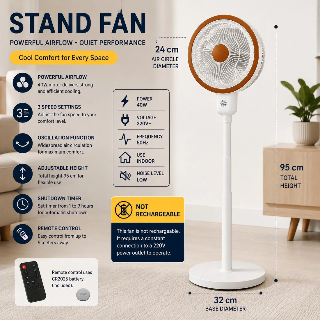 Standing Air Circulator Fan 40W Remote Control Oscillating Floor Fan