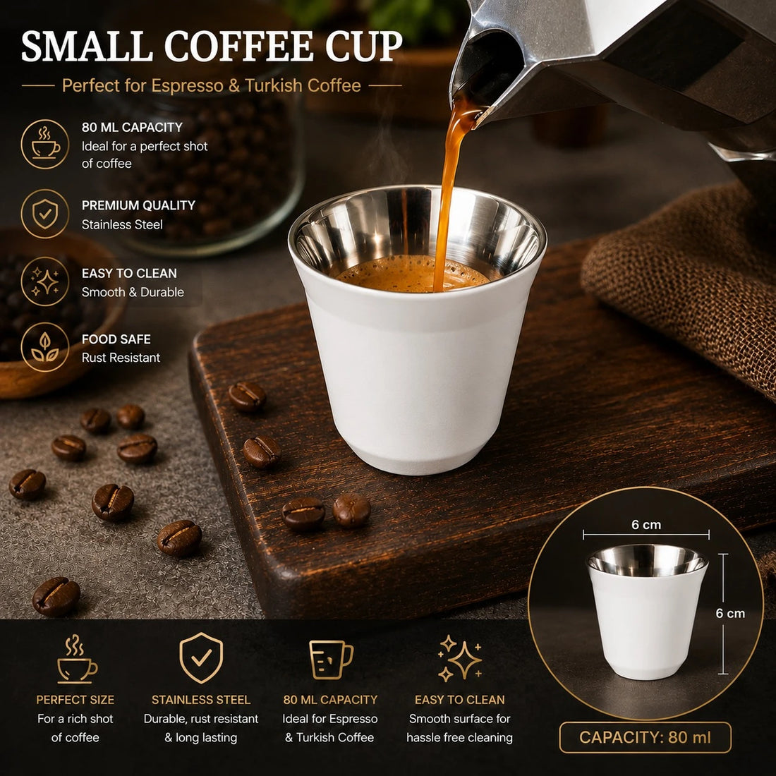 White Stainless Steel Small Coffee Espresso Cup Espresso Cup Turkish Coffee Cup 80 ml 6 cm