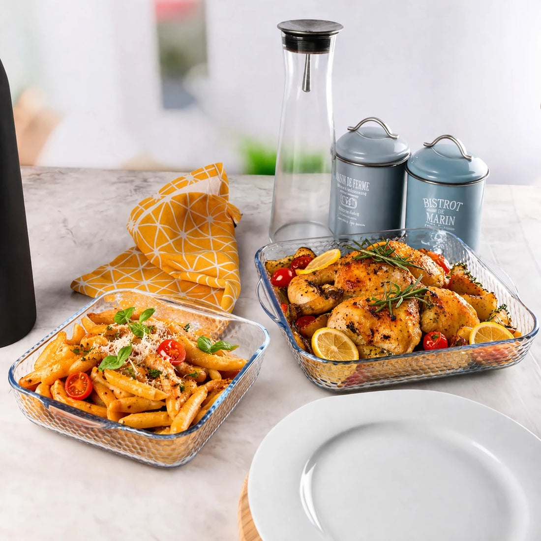 Borart Square Glass Baking Dish Set Borosilicate Oven Safe Baking Tray Roasting Dish Kitchen Oven Cookware Honeycomb Design 2 Pieces