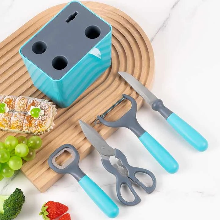 5 Piece Stainless Steel Kitchen Tool Set with Knives Scissors Bottle Opener and Storage Box – Blue