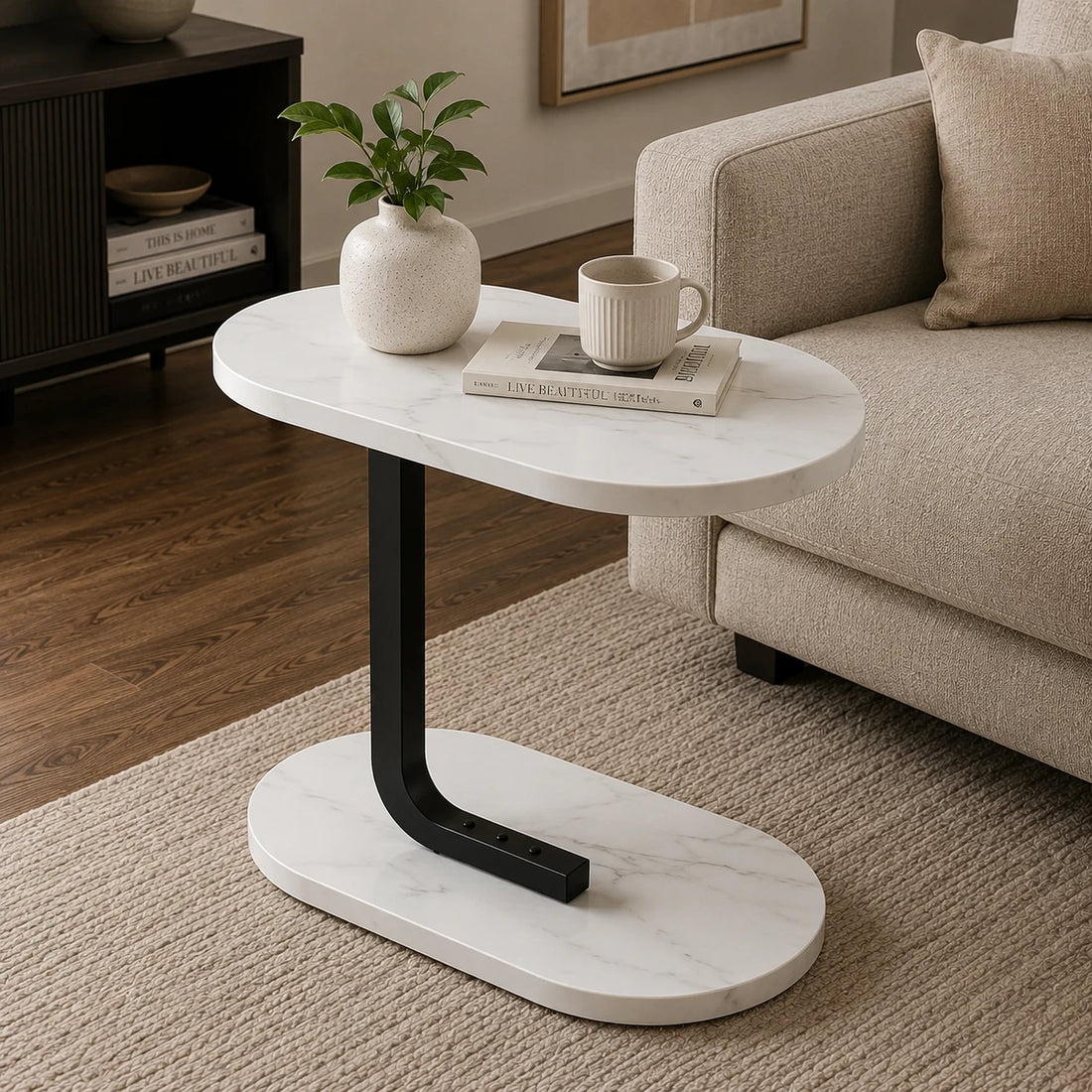 C Shaped Side Table Sofa Bedside Table Walnut Wooden Top Wooden Base Black Metal Frame