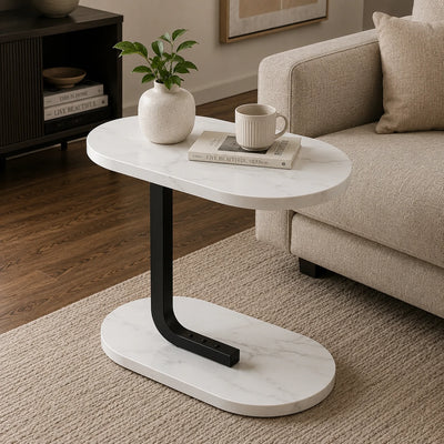 C Shaped Side Table Sofa Bedside Table Walnut Wooden Top Wooden Base Black Metal Frame