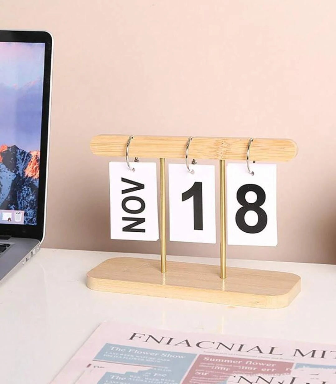 Vintage Perpetual Flip Desk Calendar with Wooden Base and Retro Decorative Design for Home and Office