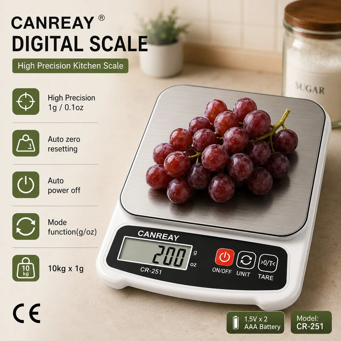 CANREAY Digital Kitchen Scale CR251 10kg High Precision Electronic Food Weighing Smart Scale Stainless Steel Baking Cooking Scale
