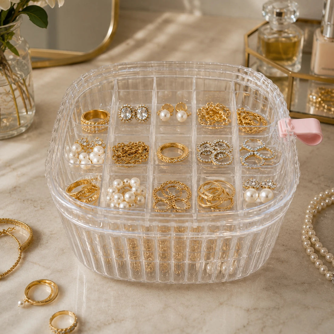 Transparent Jewelry Organizer Box with 34 Compartments Portable Acrylic Storage Case