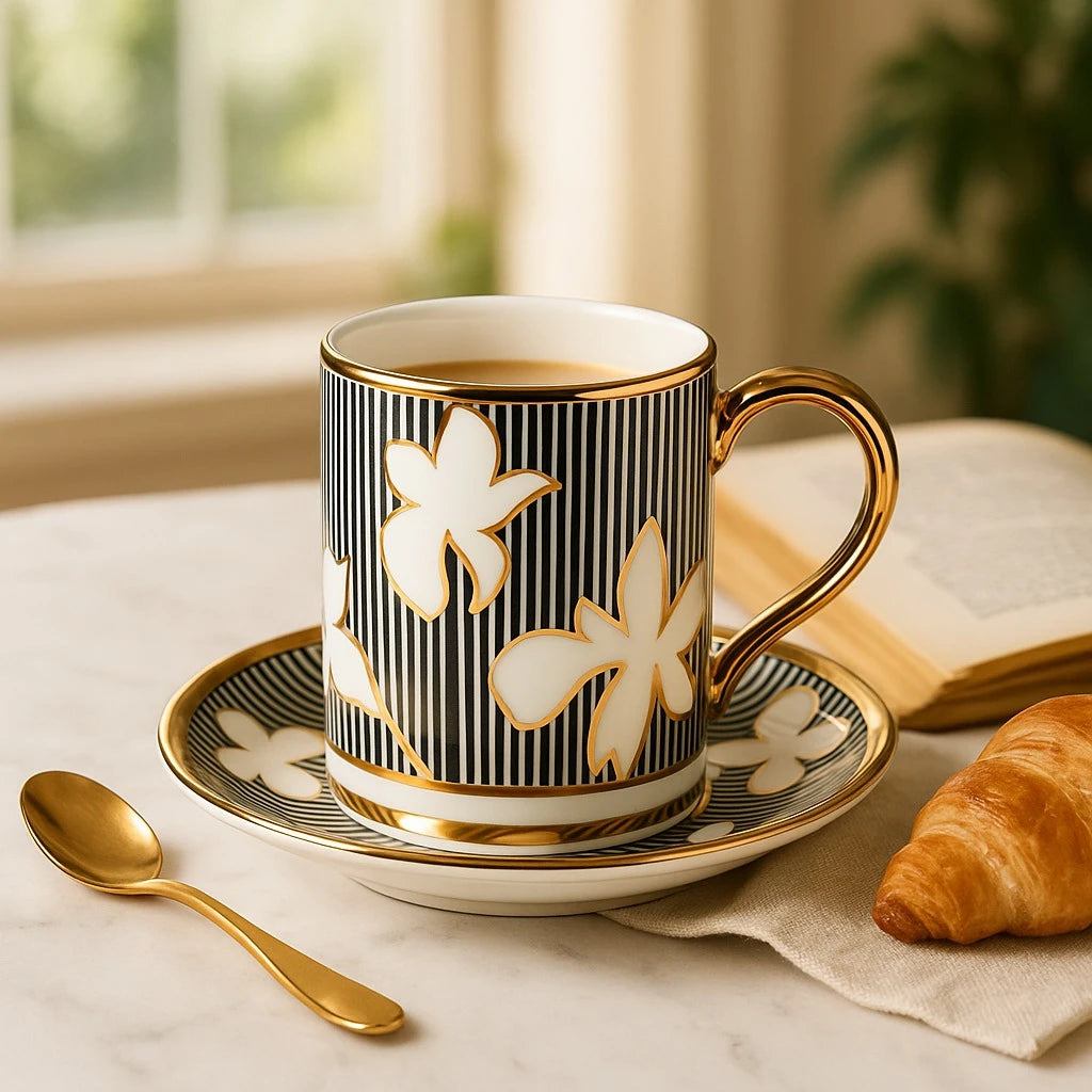 Black & Gold Porcelain Coffee Espresso Cup, Set of 6