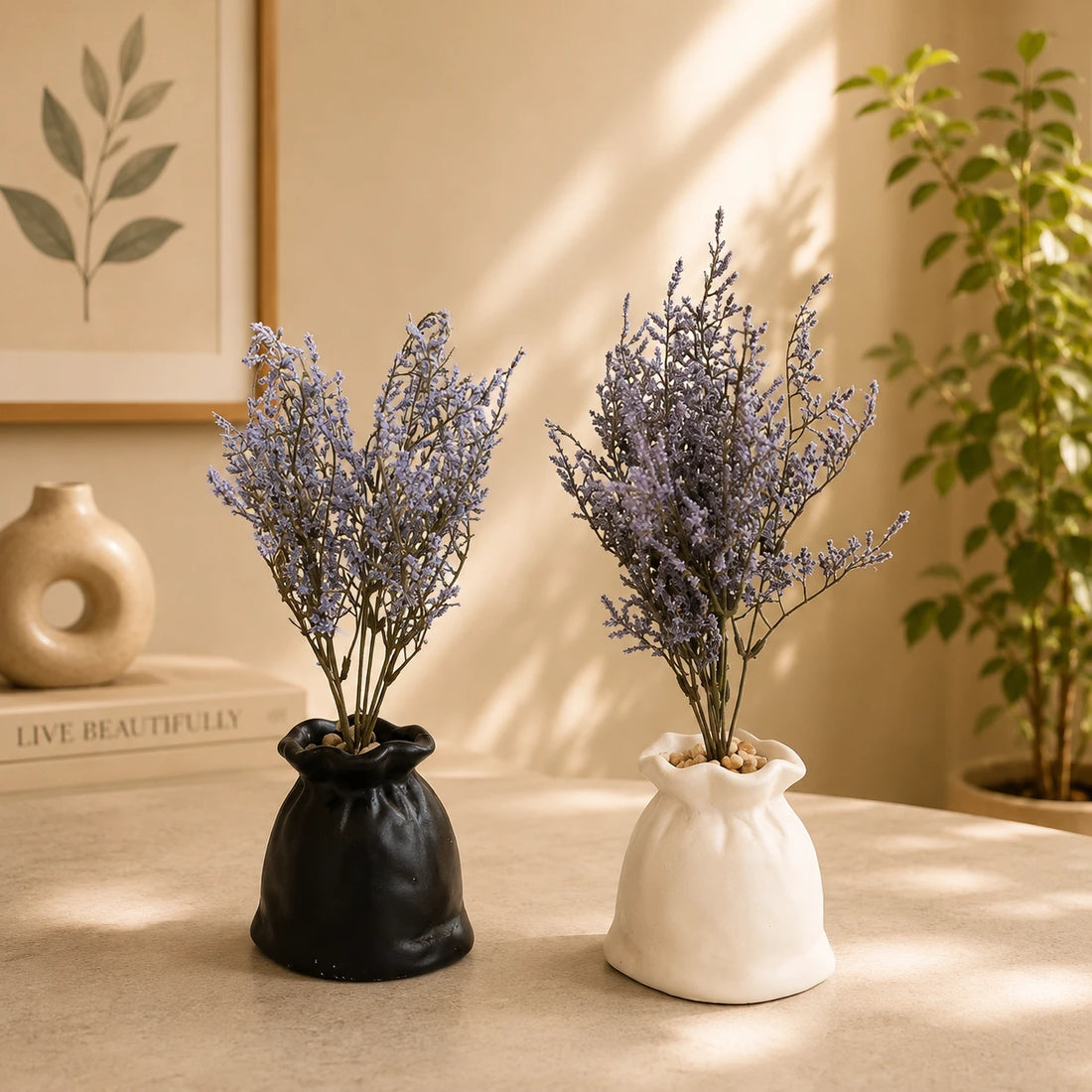 Artificial Lavender Flower Plant Decorative Sack Vase Home Office Table Decor