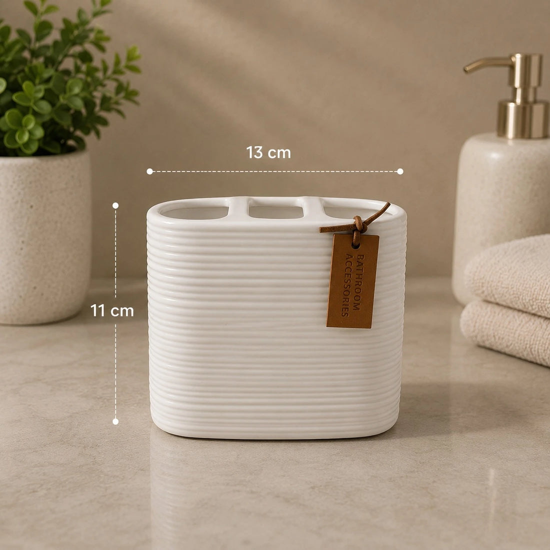 Sanitary Ceramic Bathroom Accessories Toothbrush Holder Organizer Vanity Counter Storage Cup White Ribbed Design
