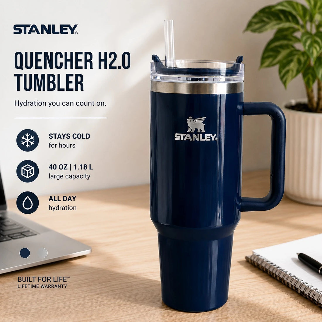 Stanley Stainless Steel Insulated Travel Tumbler Cup With Handle Straw Thermal Mug Navy Blue 40 Oz