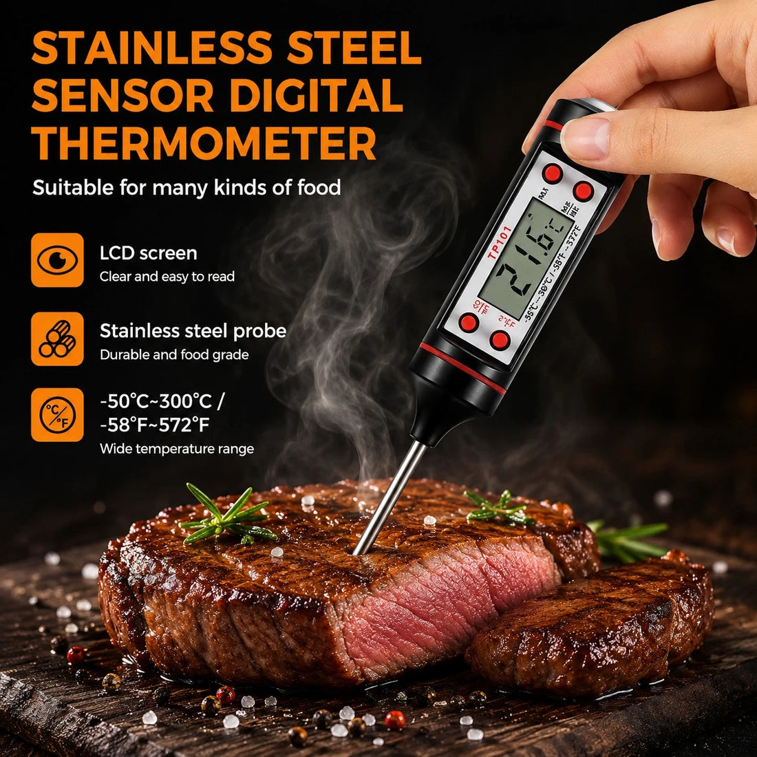Digital Food Thermometer Stainless Steel Kitchen BBQ Cooking Meat Temperature Probe