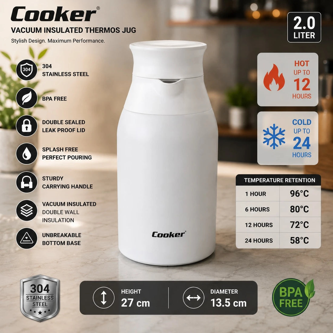 Cooker Thermos 2 Liter Vacuum Thermos Jug Coffee Hot Cold Water Bottle