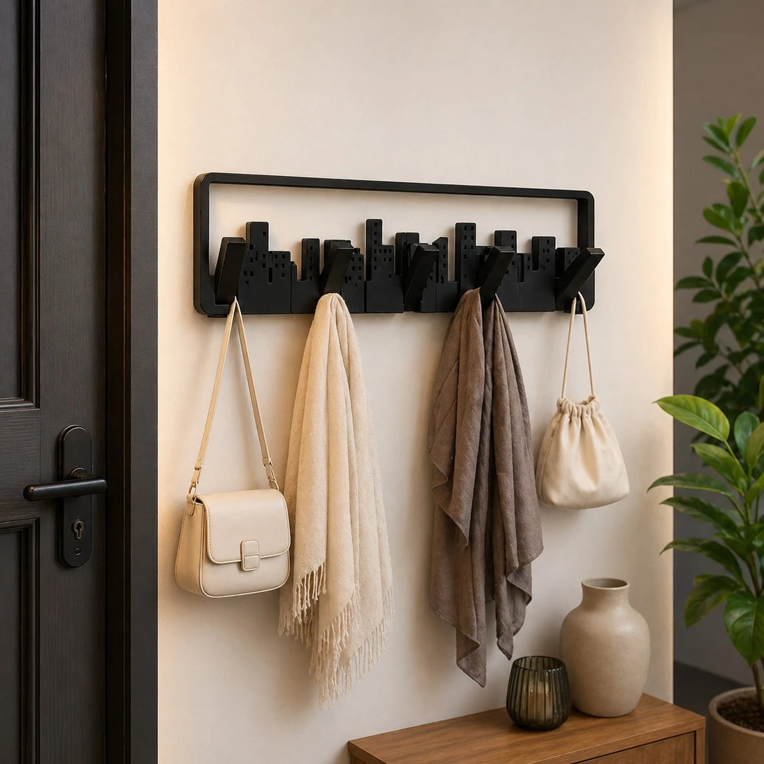 Wall Mounted Organizer Rack 5 Hook Skyline Design Plastic Decorative Shelf Entryway Hanger 49.5 cm