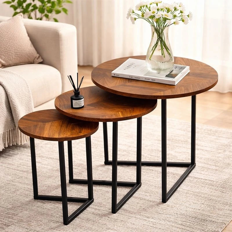 Dark Walnut Coffee Table Set of 3 Modern Round Metal Base Nesting Accent Tables Living Room Side Tables