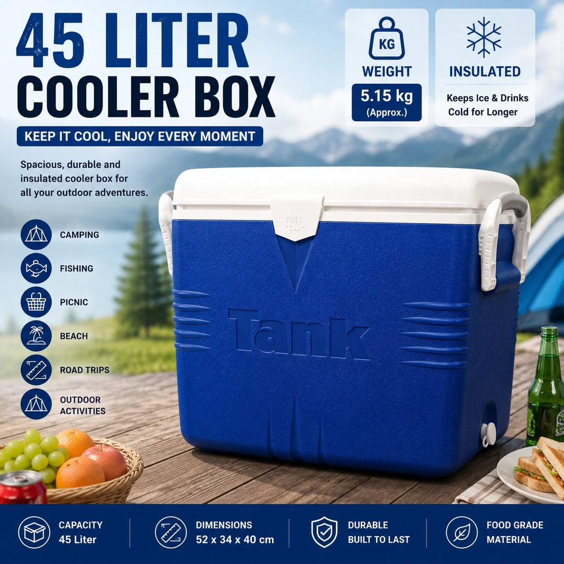 Tank 45 Liter Cooler Box Portable Insulated Ice Chest Camping Picnic Beach Cooler With Drain Plug