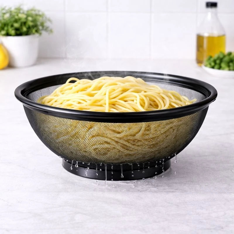 Medium Black Stainless Steel Mesh Colander 25 cm – Heavy-Duty Vegetable & Fruit Strainer, Pasta Drainer & Kitchen Washing Bowl