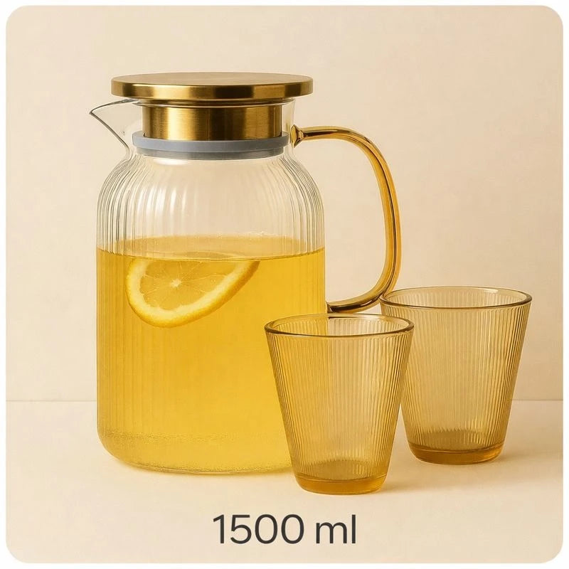 Amber Ribbed Pitcher with 6 Glasses