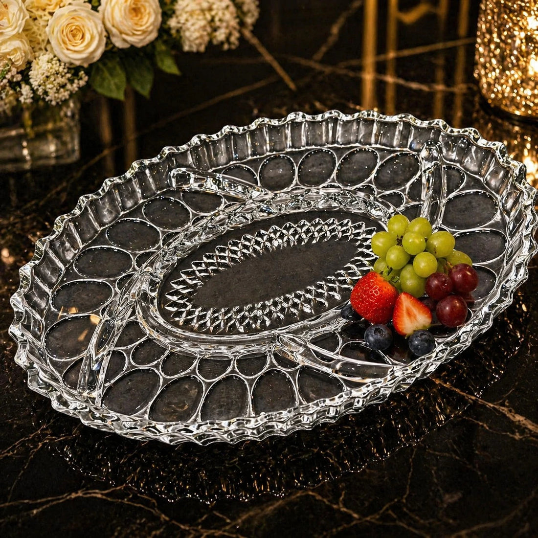 Glass Serving Tray Oval Crystal Look Luxury Serving Plate Elegant Fruit Dessert Display Tray Decorative Table Tray