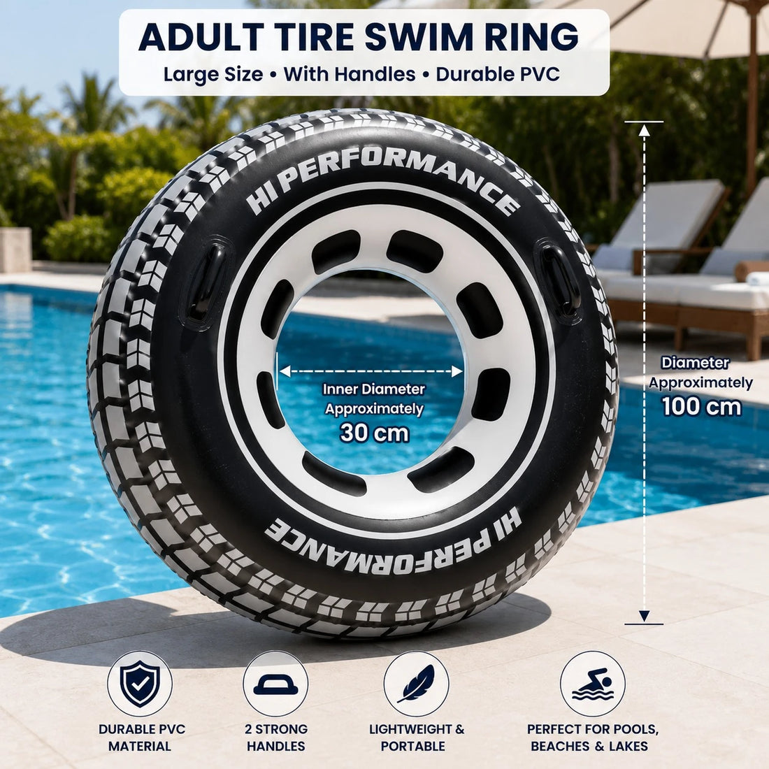 Adult Tire Swim Ring 100 cm Large Inflatable Pool Float with Handles Black and White