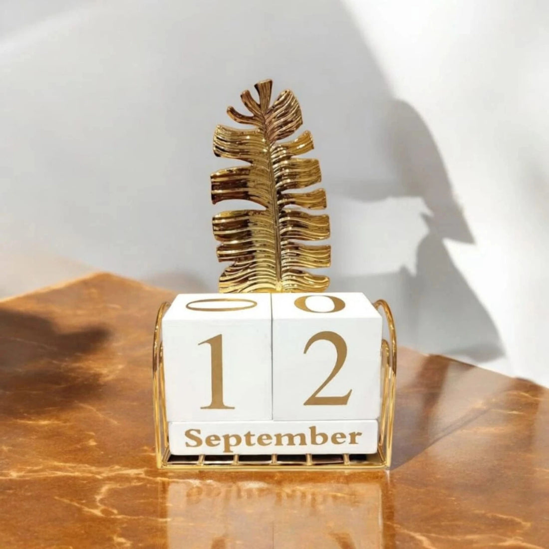 Gold Perpetual Desk Calendar with Wooden Date Blocks and Decorative Leaf Metal Frame