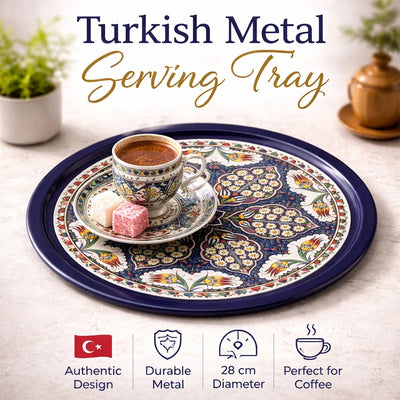 Turkish Round Metal Serving Tray with Mandala Design 28 cm